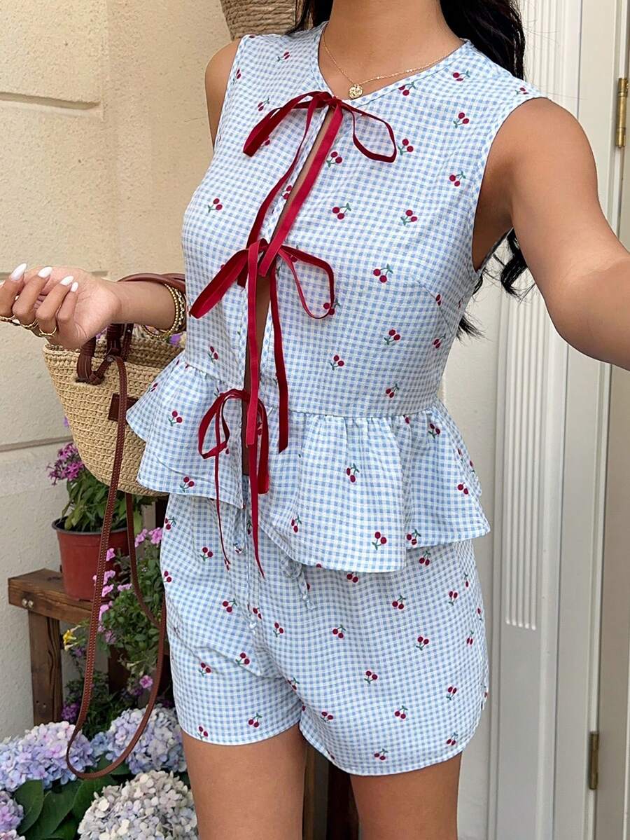 MainGRL Áo kiểu không tay dệt kim phối màu tương phản sọc xanh và họa tiết quả anh đào, thắt nơ phía trước, thích hợp cho nữ mùa hè, đi biển, đi nghỉ mát. - Màu xanh lam - Xem 1