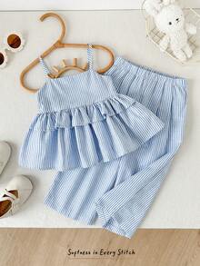 Cozy Pixies 2pcs Baby Girl Blue & White Striped Camisole Top And Elastic Waist Pants Set Blue Two Piece Set Toddler Outfits 2 Piece Ruffles Baby Girl Blue Two Piece Baby Girl Outfit Set - Blue and White - View 5