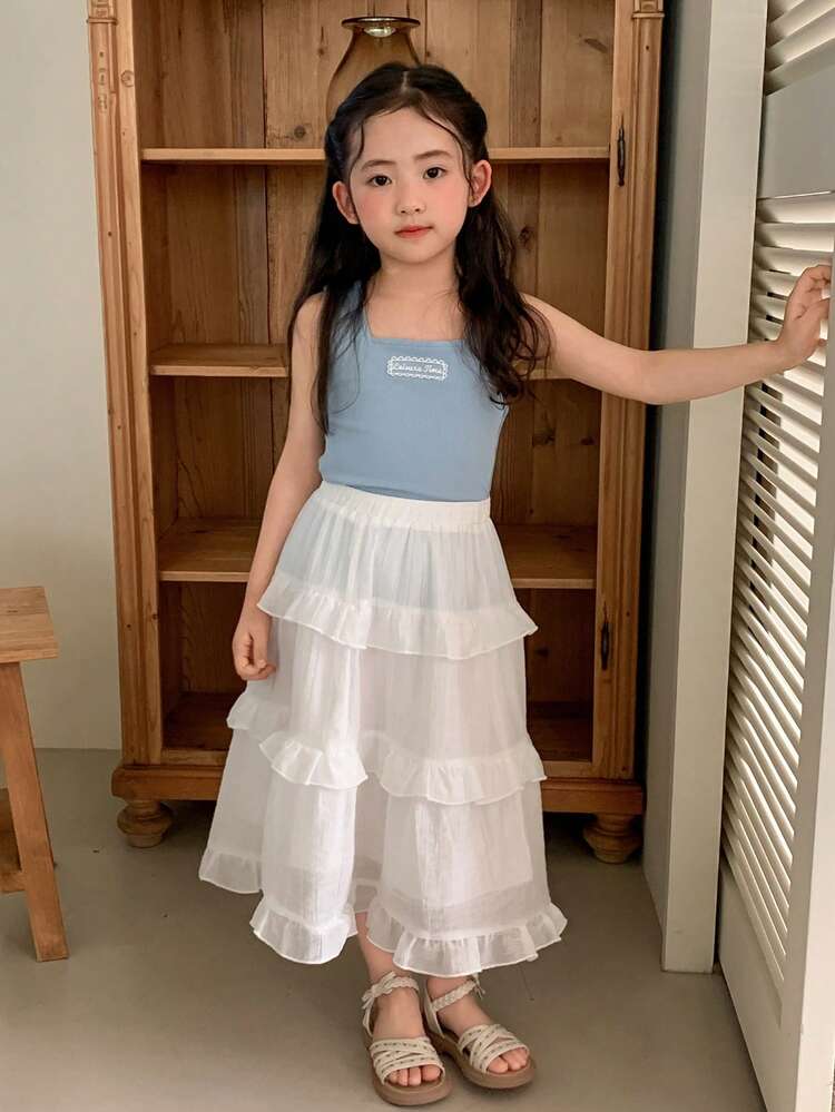 Young Girl Solid Color Elastic Waist Layered Ruffle Hem Casual Skirt