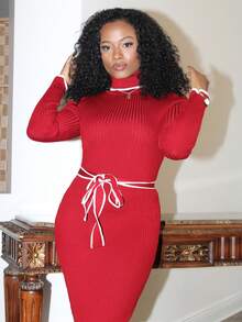 Steph T Women's Elegant Turtleneck Fitted Ribbed Texture Bow Tie Sweater Dress - Burgundy - View 3