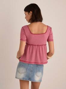 Easelle 女士红白条纹针织露脐上衣 - 紅白色 - 查看 2