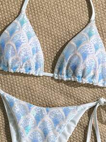 Swim Mod 两件式泳衣，性感挂脖三角胸罩和侧系带比基尼套装，夏季度假，闪光纹理面料 - 彩色 - 查看 6