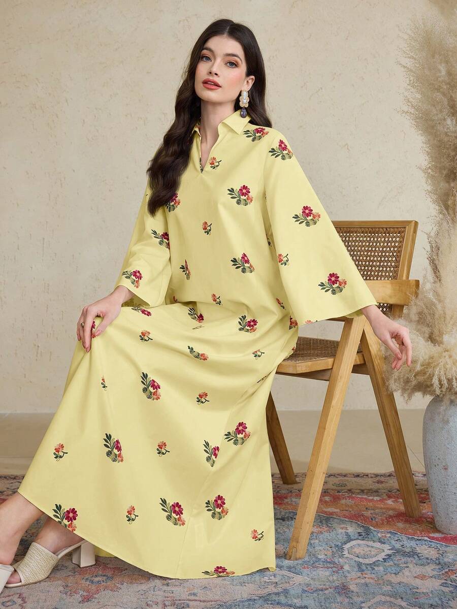 Al Najma 女士土耳其长款束腰外衣和阿拉伯传统长袍连衣裙，卡夫坦长袍和贾拉比亚长袍 - 黃色 - 查看 1