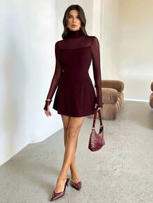 SHEIN Tall Vestido curto feminino elegante de gola alta, modelagem evasê, com cintura transparente e mangas compridas, na cor bordô, perfeito para o outono/inverno. Ideal para festas, encontros, eventos românticos, saídas à noite e até mesmo para convidadas de casamento. - Borgonha - Ver 8