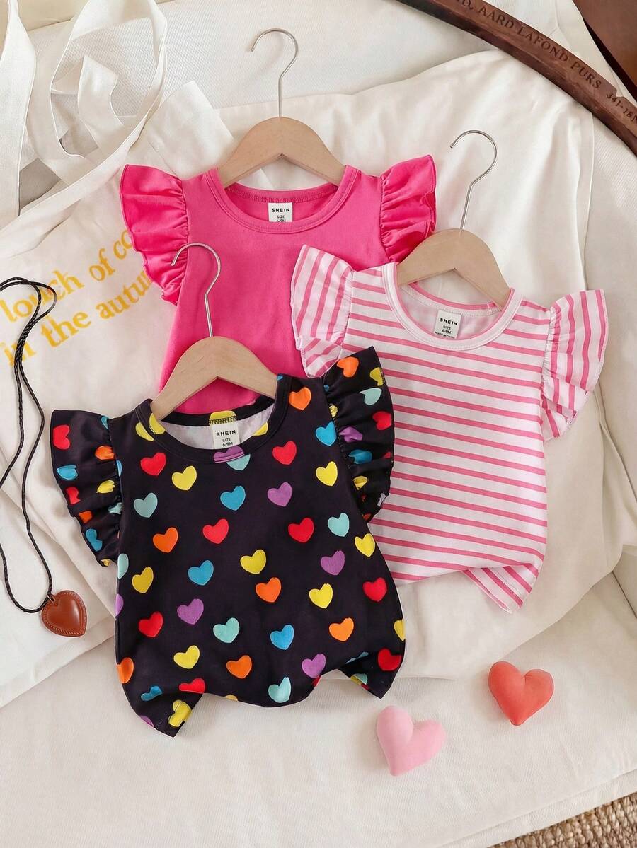 SHEIN Playful Pals 3件套彩色爱心条纹荷叶边圆领T恤上衣,柔软舒适,休闲可爱,春夏新品 - 彩色 - 查看 1