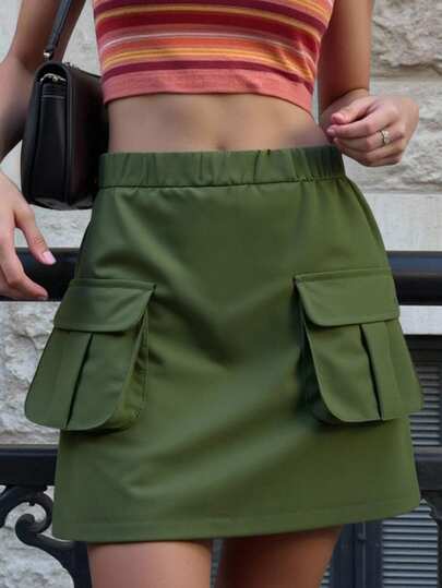 SHEIN ChillGRL Falda de línea A versátil y casual para adolescentes, falda tipo cargo, adecuada para primavera y verano, ropa de ocio de moda, estilo callejero, picnic al aire libre, campus, festival, regalo