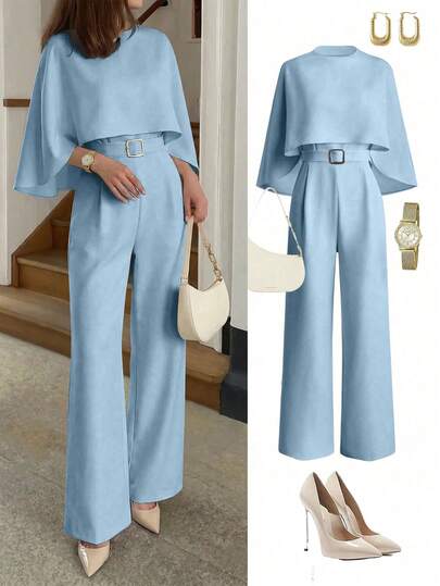 Pariaura Women's Winter French Elegant Elegant Design Round Neck Shawl Collar Metal Buckle Waist Belt Slimming Casual Jumpsuit