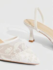 CUCCOO SZL Pointed Toe Mesh Embroidered Women's High Heel Pumps, Wedding Party Bridal High Heels, Elegant Platform Sandals - White - View 10