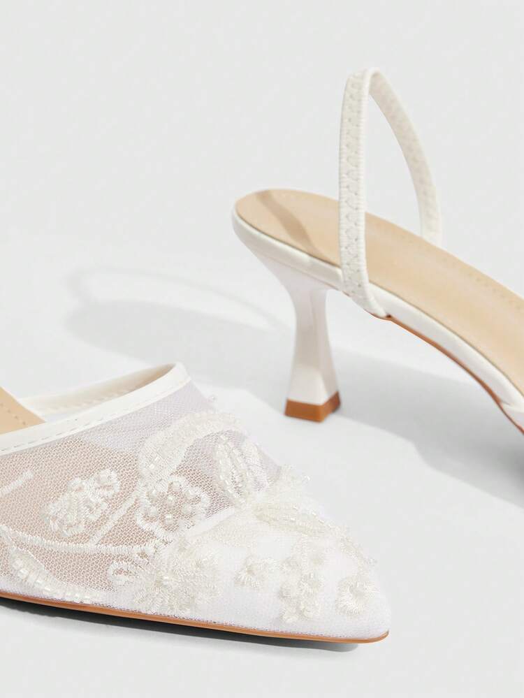 CUCCOO SZL Pointed Toe Mesh Embroidered Women's High Heel Pumps, Wedding Party Bridal High Heels, Elegant Platform Sandals