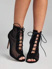 ROMWE Goth Fall/Winter 2025 Suedette Stiletto Heeled Lace-Up Front Sandal Boots, Ladies' Fashionable Black Plain Sandal Boots,Party Outfits - Black - View 4