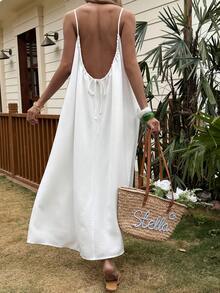 DAZY Women's Vacation Casual Solid Color Backless Spaghetti Strap Dress,Valentine Outfits For Women Sun Dresses For Women Summer - White - View 3
