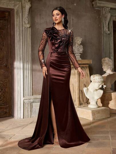 Aureia Elegant Luxurious Sequin Embroidered Mesh Faux Pearl Beaded Slit Evening Gown, Suitable For Weddings, Parties, Vacations, Balls, Formal Events