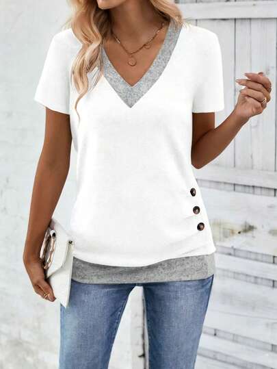 SHEIN Women's Contrast Color V-Neck Short Sleeve Casual T-Shirt With Side Button Design