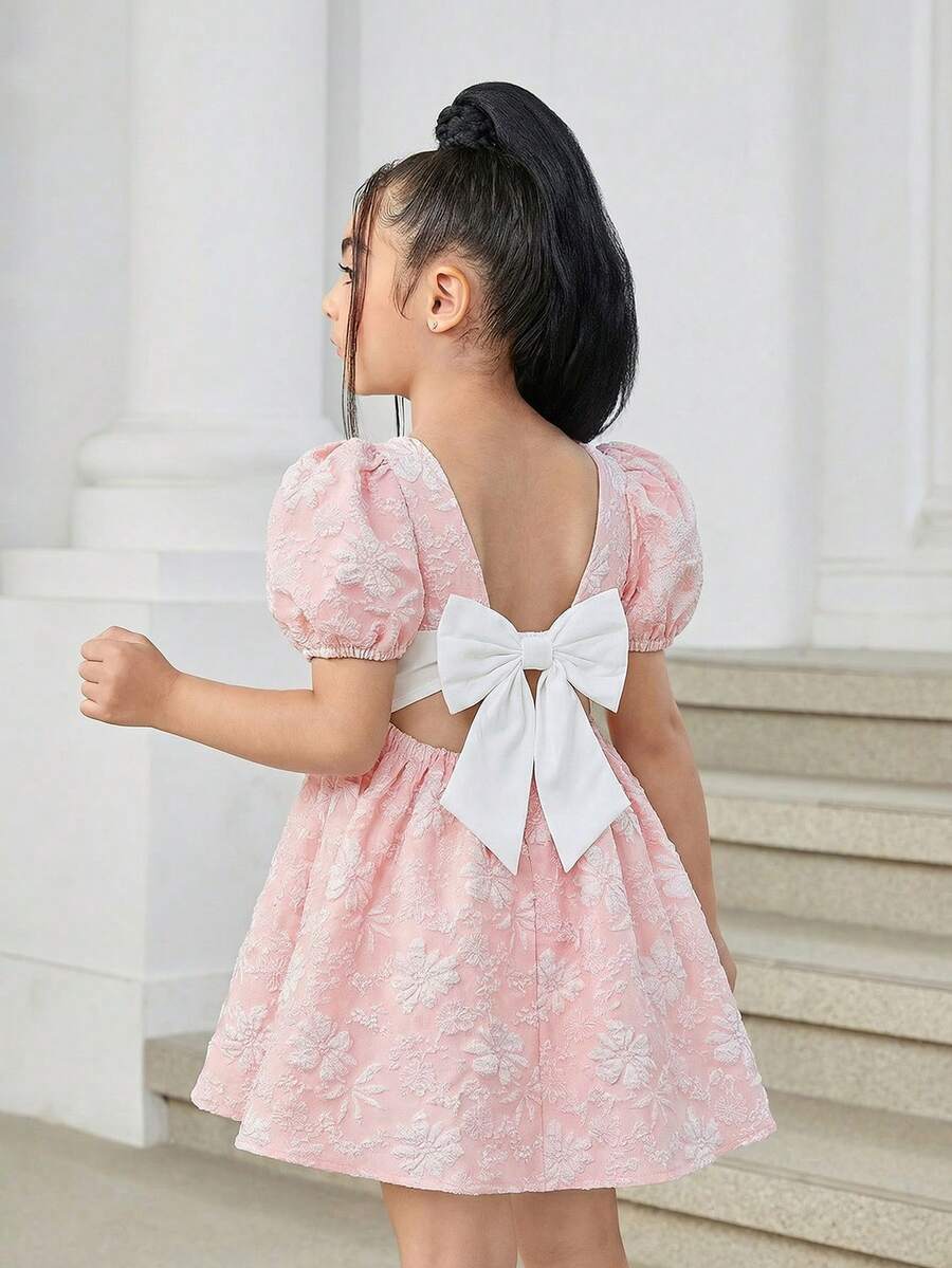 SHEIN Nova Glow 少女编织撞色无袖蝴蝶结装饰休闲连衣裙 - 淺粉色 - 查看 1