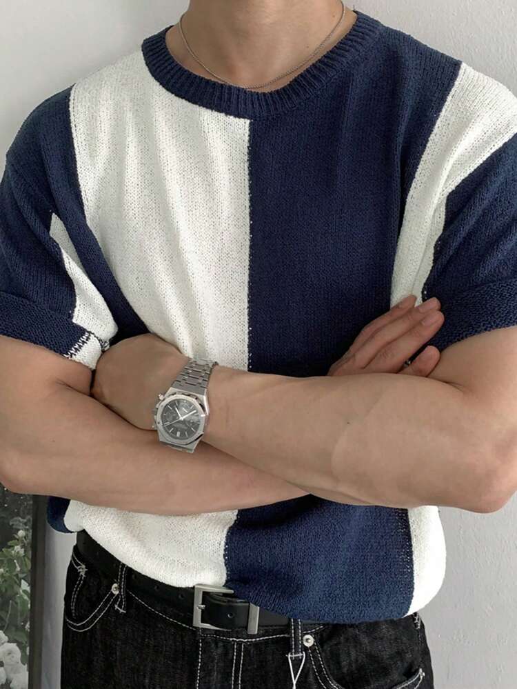 Men's Patchwork Contrast Color Short Sleeve Crew Neck Knit Top, Summer