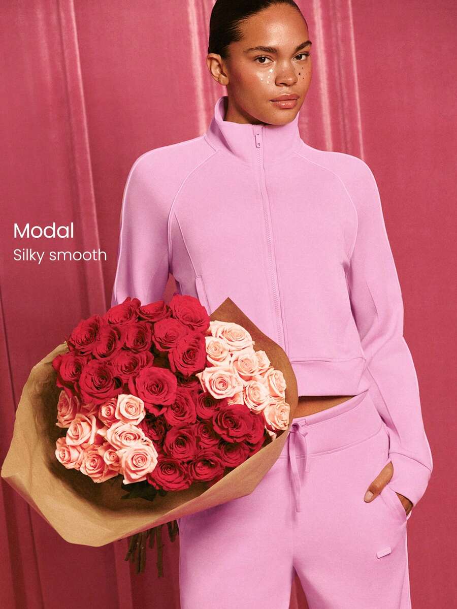 GLOWMODE SoftSerene Modal Contrast Piping Waist-Length Thumbholes Fitted Zip-Up Sweatshirt Daily Casual Wear Fall Winter - Pink - View 1
