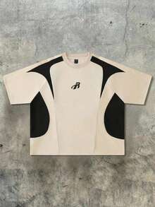ROMWE MEN Essentials Camiseta masculina de manga curta com estampa de letras em cores contrastantes e patchwork, estilo streetwear. - Damasco - Ver 1