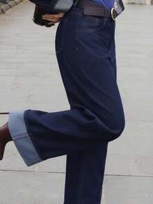 Elenary Edit 女士经典蓝色直筒裤，秋冬约会时尚之选 - 寶藍色 - 查看 3