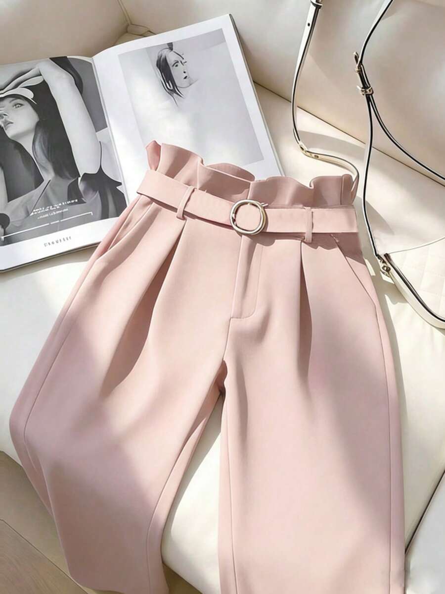 Franclia 新款高腰直筒女裤，秋冬款 - 粉色 - 查看 1