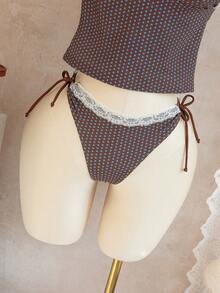 Swim Mod Women's Polka Dot Lace Trim Tie Front Tankini Swimwear Set, Cute Beach Music Style, Spring/Summer - Multicolor - View 3