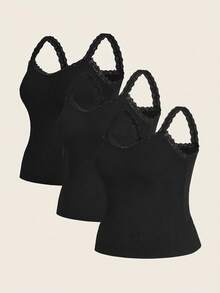 SHEIN Essnce Traje de mujer talla grande con diseño calado, moda casual de otoño e invierno para uso diario, con encaje, tirantes y top de 3 piezas en negro, blanco y gris para salir, playa y Halloween - Negro - Ver 3