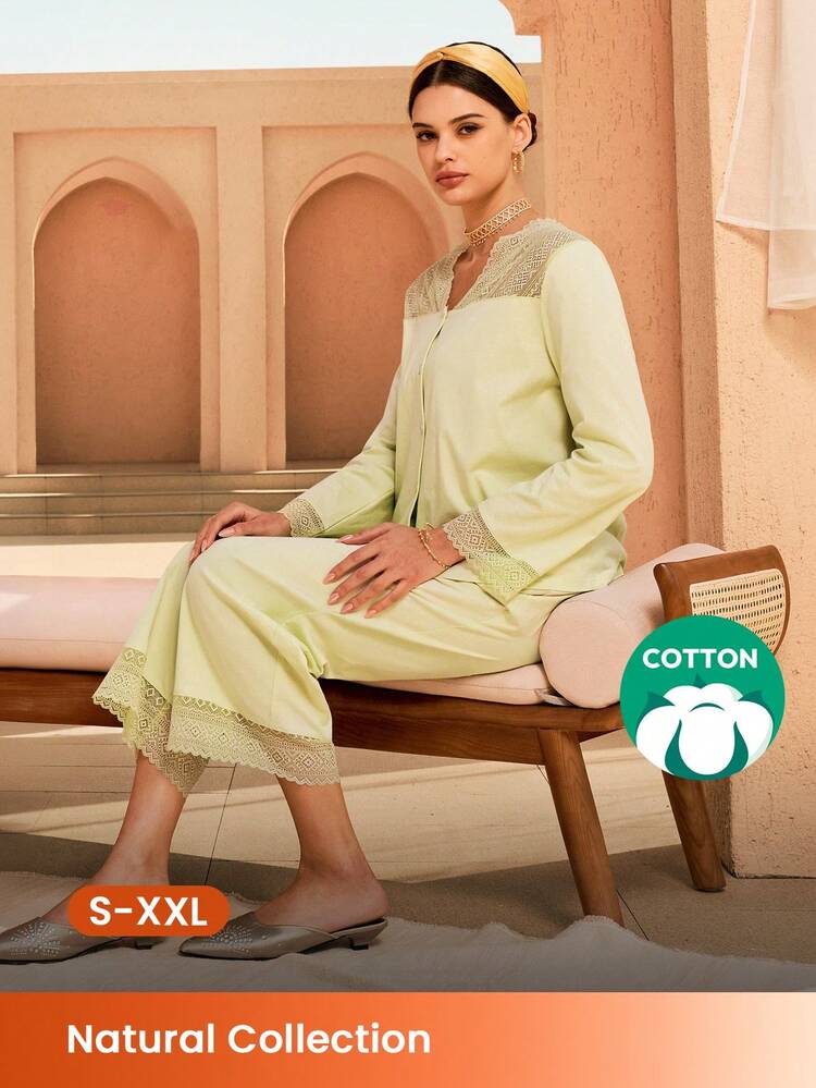Soft 100% Pure Cotton Lace Trim Button-Up Top & Pants Loungewear Pajama Set Pyjama Cotton Pajamas