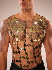 FeverCity Men's Sequin Sexy Hollow-Out Mesh Tank Top - Gold - View 6