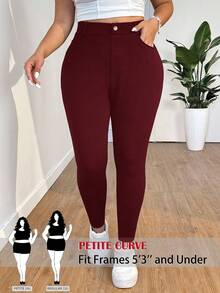 SHEIN PETITE CURVE Pantalones de cintura alta de unicolor talla grande, aptos para uso diario - Burdeos - Ver 1