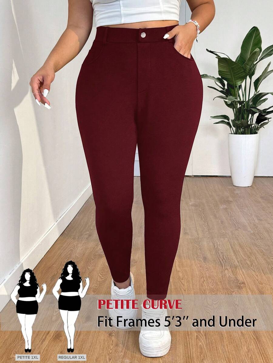 SHEIN PETITE CURVE Pantalones de cintura alta de unicolor talla grande, aptos para uso diario - Burdeos - Ver 1