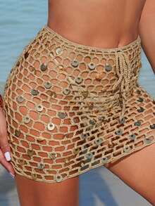 Swim Vcay Women's Khaki Sequin Tie-Up Crochet Hollow Out Casual Vacation Sexy Beach Sarong Skirt - Khaki - View 4