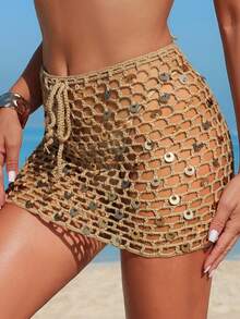 Swim Vcay Women's Khaki Sequin Tie-Up Crochet Hollow Out Casual Vacation Sexy Beach Sarong Skirt - Khaki - View 5