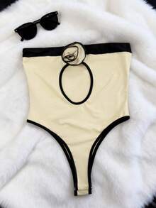 Zyxie Women's Hollow Out Contrast Trim Fitted Bodysuit, Summer - Apricot - View 5