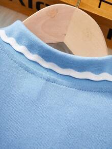 SHEIN Girls' Casual Blue Contrast Collar Waist Knit Dress - Navy Blue - View 5