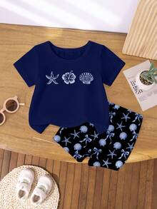 少女休闲时尚创意印花短袖T恤和骑行短裤套装，包含花卉、贝壳、海星、蝴蝶结图案，舒适百搭，适合春、夏、秋季穿着。 - 彩色 - 查看 3