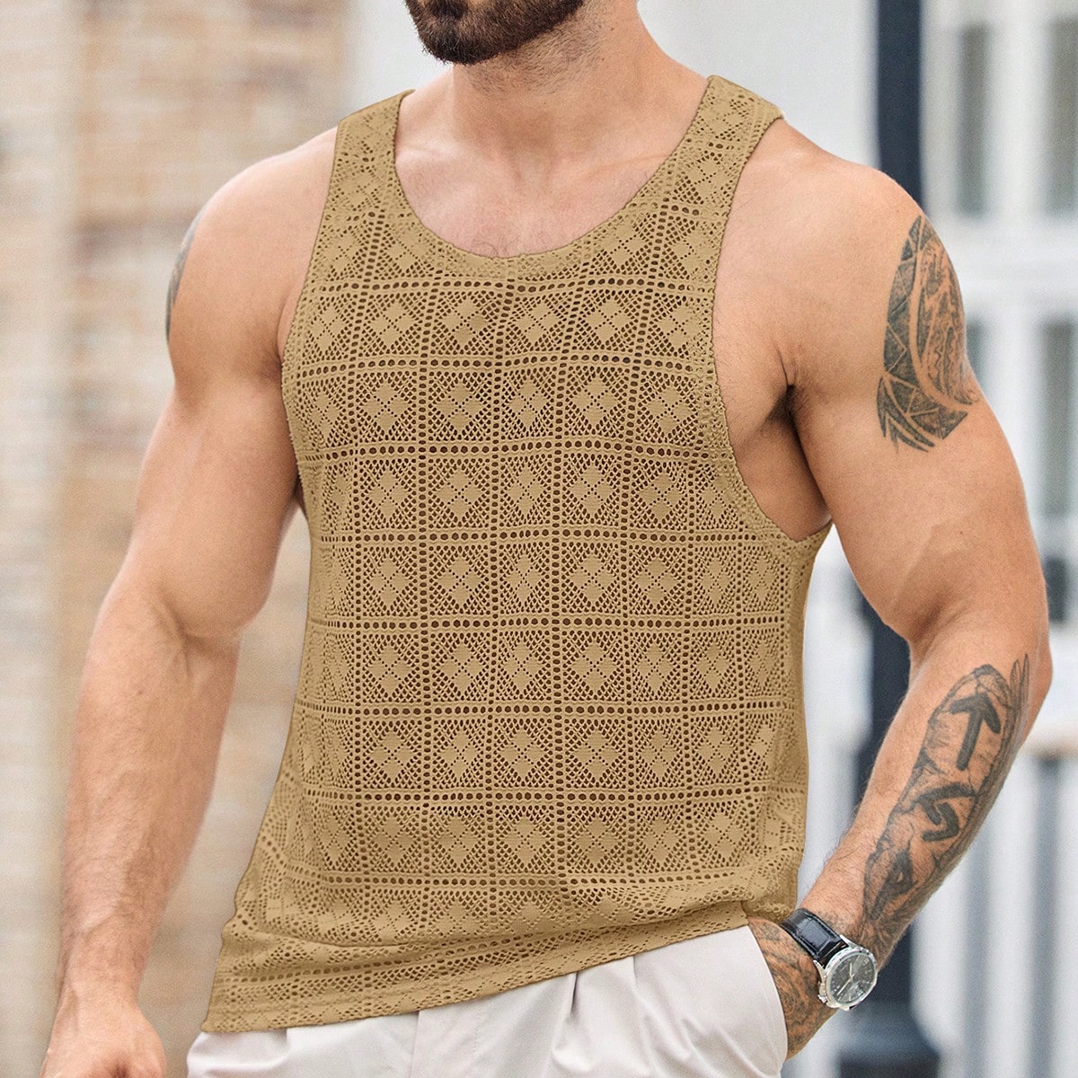 Camiseta de tirantes casual de color liso con cuello redondo y rayas para hombre, camiseta de tirantes casual de tela texturizada para hombre en veran