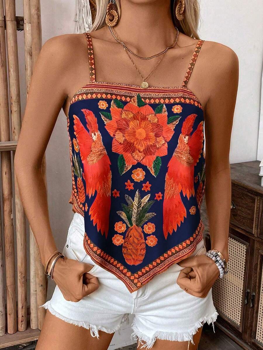 Selianne Áo hai dây nữ dáng rộng, thoải mái, in họa tiết hoa và cây cỏ. - Màu xanh hải quân - Xem 1