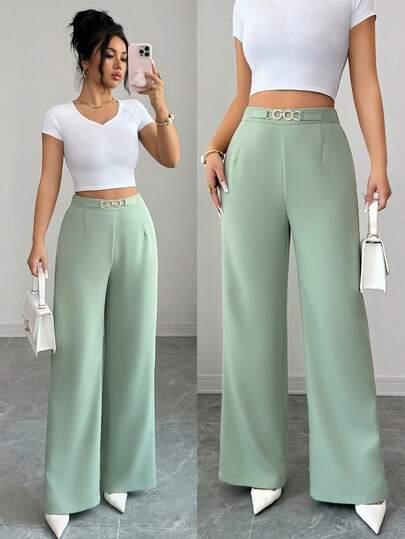 Elenzga Elegant High Waist Metal Chain Decor Straight Leg Casual Pants For Women, Fashionable Green Trousers For Spring/Summer