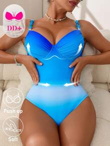 Swim DD+ 1件装女士性感加厚钢圈DD+罩杯渐变印花+蓝色宝石树脂串珠肩带连体泳衣，春夏款 - 藍色 - 查看 5