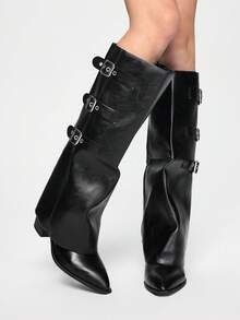 ROMWE Grunge Punk 女士新款秋冬粗跟尖头踝靴，时尚夜店欧美风，秋季过膝长靴，经典靴款，冬季，秋季，可拆卸百搭高筒靴，派对必备 - 黑色 - 查看 1