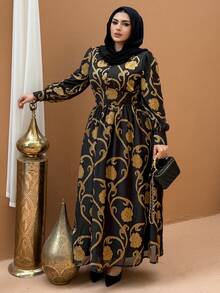 Dazy Plus 刺绣亮色花卉雪纺灯笼袖收腰派对连衣裙，大码，春夏长款连衣裙 - 黑色 - 查看 3