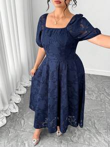 Elenzga Plus Size Women Elegant Square Neck Puff Sleeve Jacquard Cutwork Midi Dress - Navy Blue - View 7