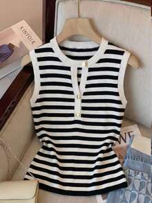 Franclia Women's Elegant V-Neck Sleeveless Striped Contrast Color Knit Top, Suitable For Commuting, Spring/Summer - Black and White - View 6