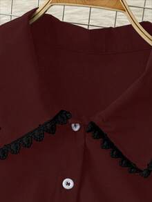 DreamSkyne Plus Size Women's Autumn Elegant Black Lace Tea Party Blouse,Contrast Color Ruffle Front Button Lantern Sleeve Tops For Teens,New Arrival Latest Tops - Burgundy - View 4