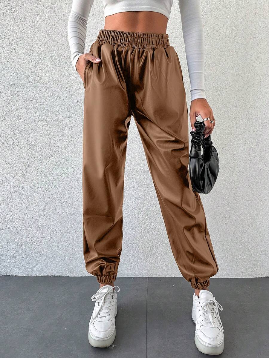 SHEIN Cottnline بنطلون جوجر نسائي ذو خصر مطاطي مع جيوب، لون أحادي، متعدد الاستخدامات للارتداء اليومي - بيج - مشاهدة 1