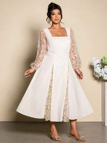 Cravure 加大码花卉刺绣方领灯笼袖连衣裙 - 杏色 - 查看 3