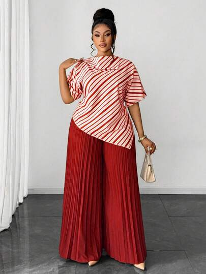 Maweii Asymmetrical Hem Digital Print Shirt + Elastic Waist Pleated Wide Leg Pants 2 Piece Set, Suitable For Women In Spring, Summer, Autumn, Winter, Halloween, Thanksgiving, Christmas, Elegant And Fashionable For Commuting And Dating