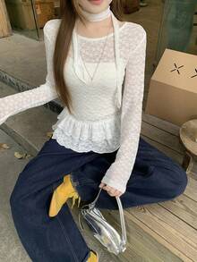 DAZY 女士透视蕾丝荷叶边领长袖T恤，性感轻盈防晒百搭上衣 - 白色 - 查看 2