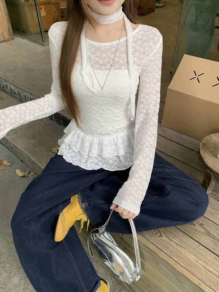 Women's Sheer Lace Ruffle Collar Long Sleeve T-Shirt, Sexy Vibe Lightweight Sun Protection Versatile Top