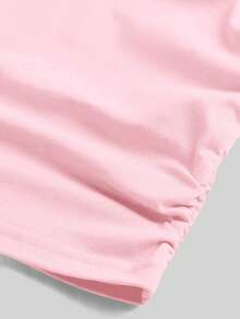 SHEIN Girlism Tween Girls' Fitted Casual Round Neck Short Sleeve T-Shirt With Side Ruffle And Hair Scrunchie - Baby Pink - View 5