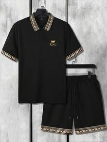 Manfinity Homme 男士撞色印花Polo衫套装，适合居家、外出和聚会穿着 - 黑色 - 查看 9